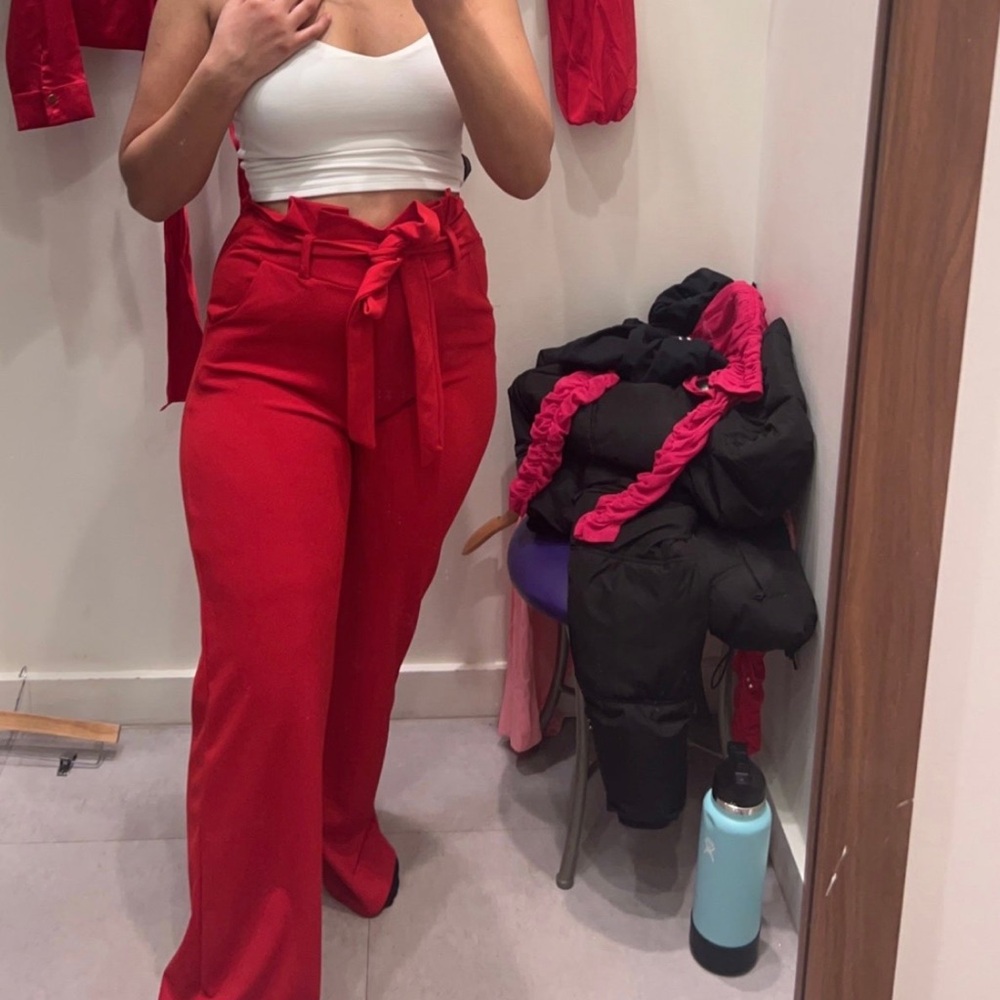 Red High-Waisted Tie Pants & white top